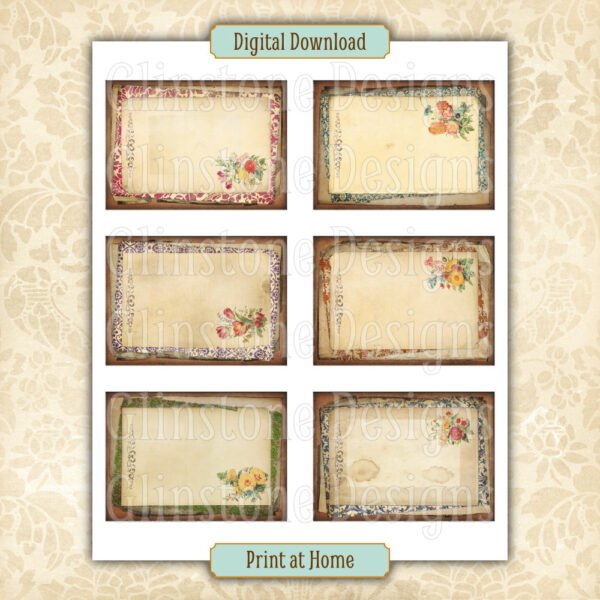 Six antique floral bouquets art cards on a page