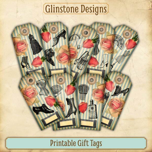 Nine blue candy stripe vintage fashion printable gift tags