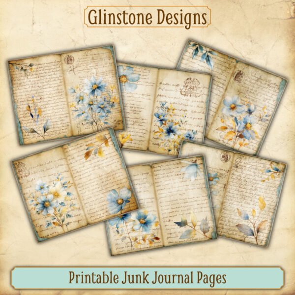 Six blue wildflowers printable junk journal double pages