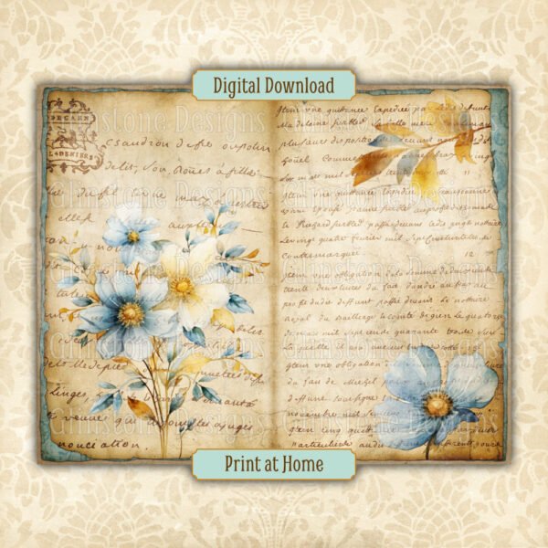 Blue wildflowers junk journal double page