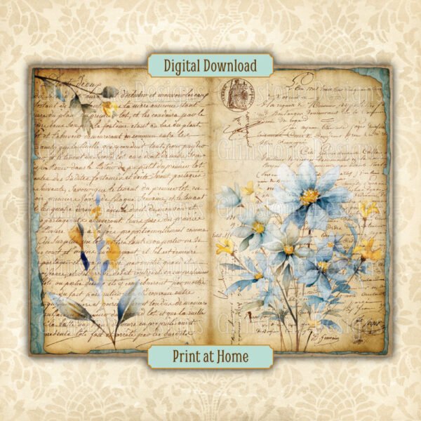 Blue wildflowers junk journal double page