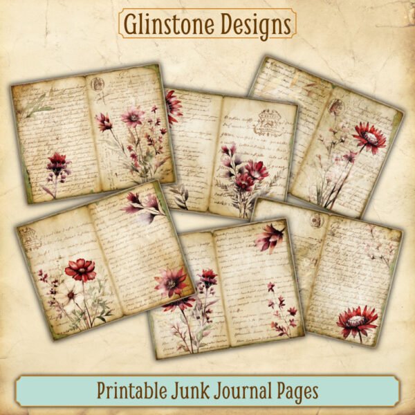 Six burgundy wildflowers printable junk journal double pages