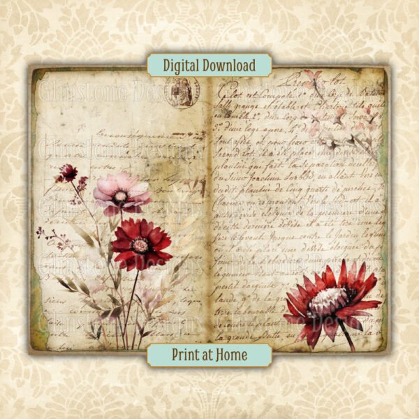 Burgundy wildflowers junk journal double page