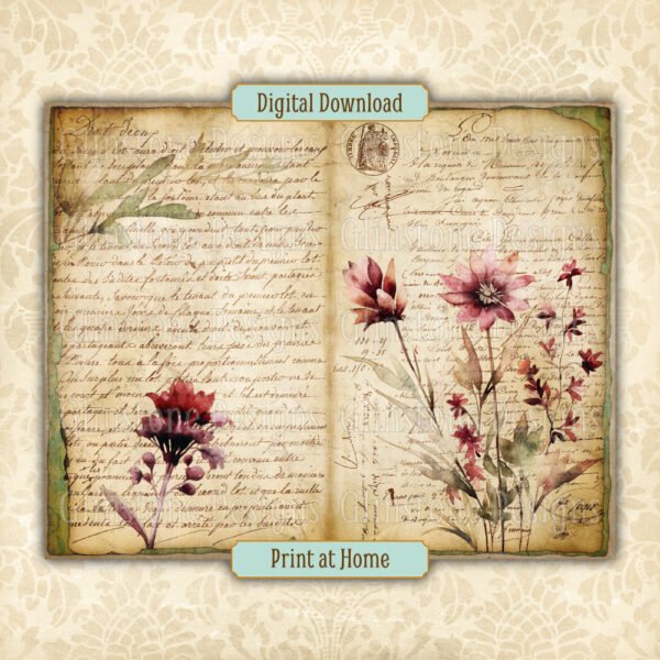 Burgundy wildflowers junk journal double page