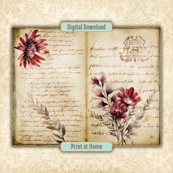 Burgundy wildflowers junk journal double page