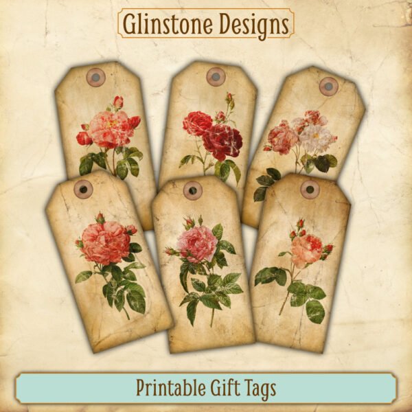 Six distressed vintage roses printable gift tags