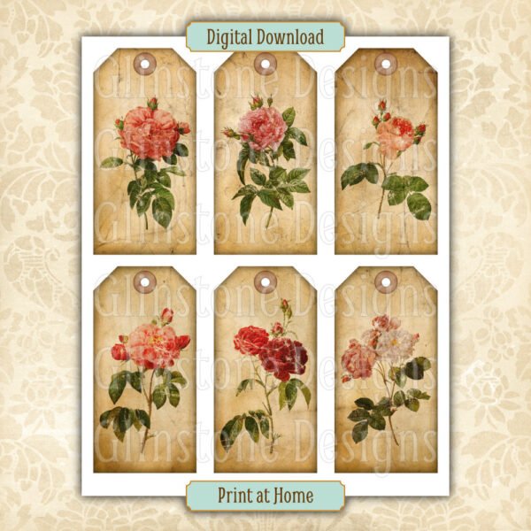 Six distressed vintage roses gift tags on a page