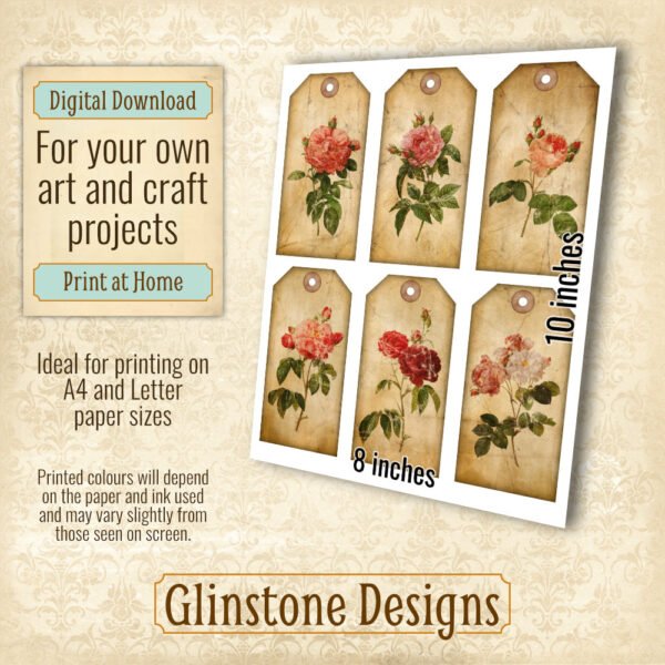 Six distressed vintage roses printable gift tags details