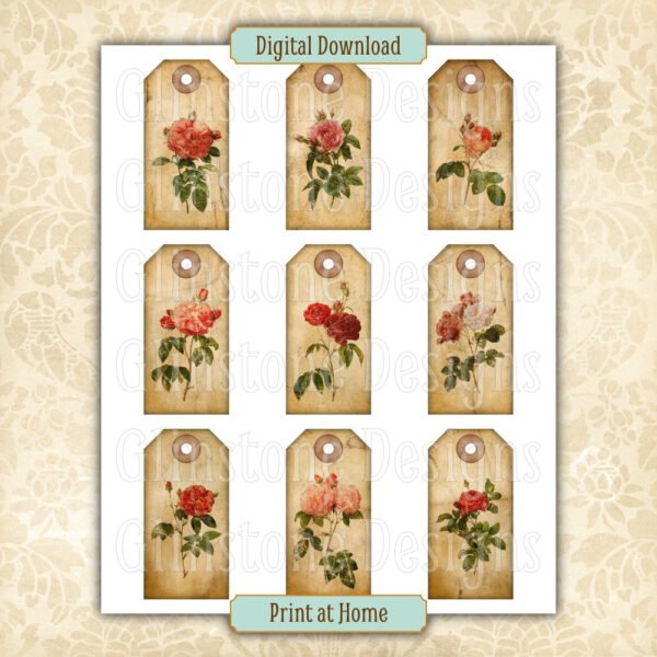 Nine distressed vintage roses gift tags on a page