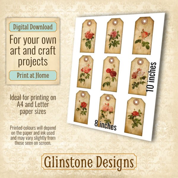 Nine distressed vintage roses printable gift tags details