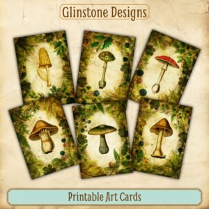 Six forest mushrooms printable art cards