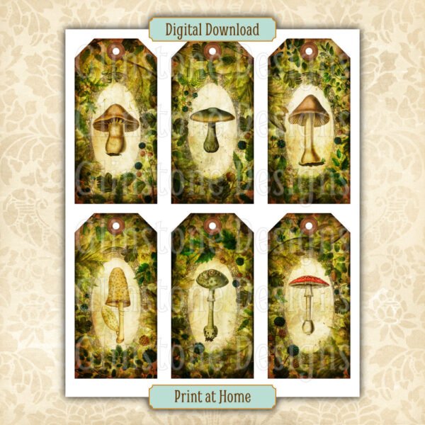 Six forest mushrooms gift tags on a page