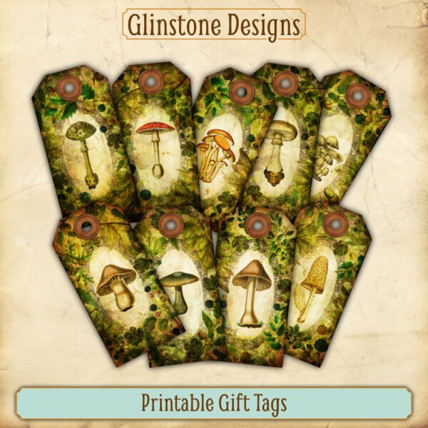 Nine forest mushrooms printable gift tags