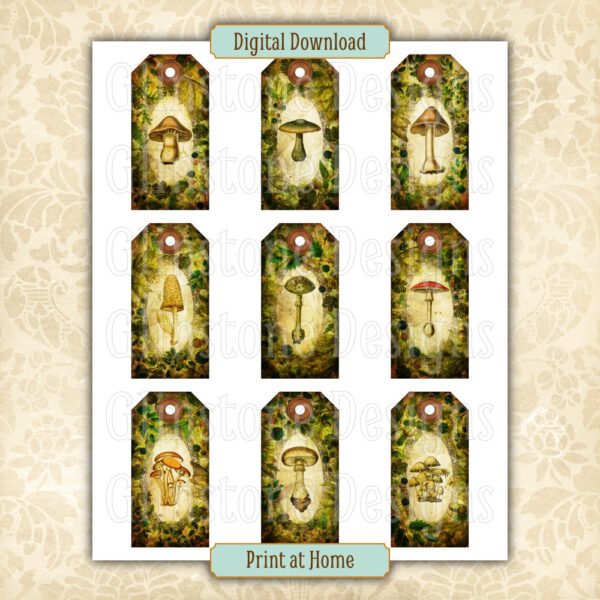 Nine forest mushrooms gift tags on a page