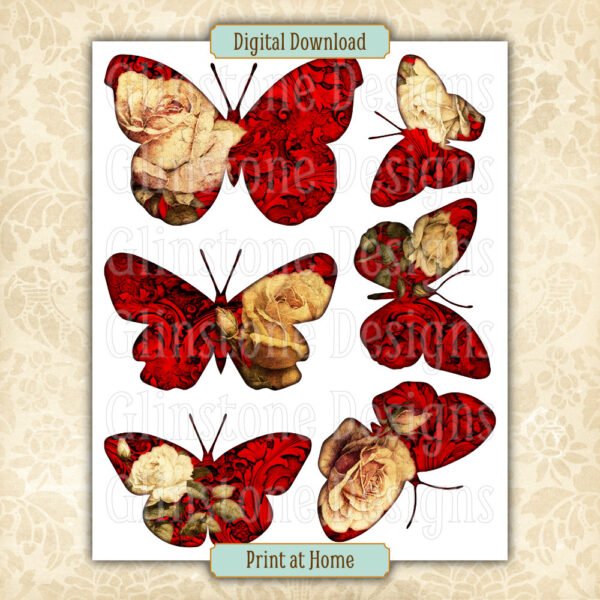 Gothic rose butterflies collage sheet