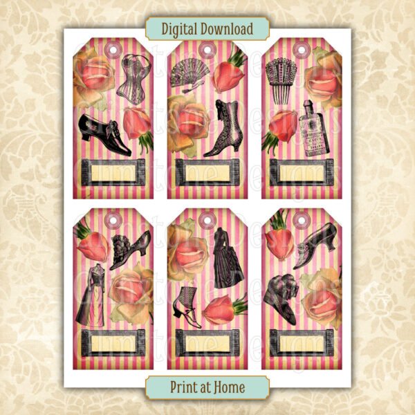 Six pink candy stripe vintage fashion gift tags on a page