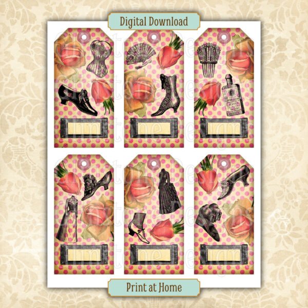 Six pink polka dot vintage fashion gift tags on a page