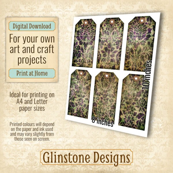 Six purple and green damask gift tags details