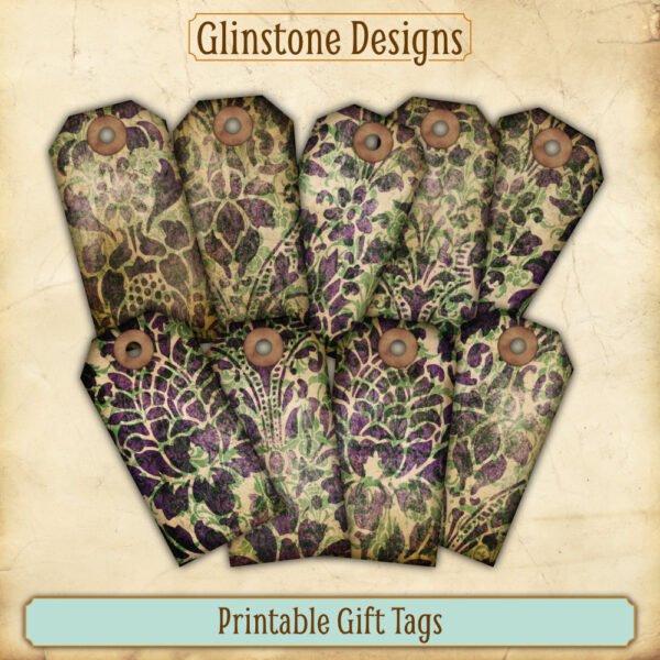 Nine purple and green damask printable gift tags