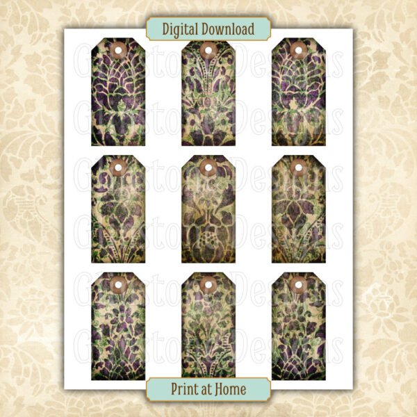 Nine purple and green damask gift tags on a page