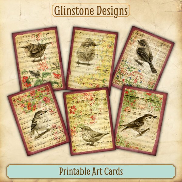 Six songbirds and music printable art cards