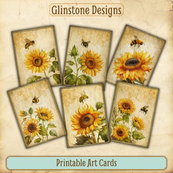 Six sunflowers and bees printable art cards