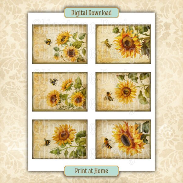 Six sunflowers and bees art cards on a page