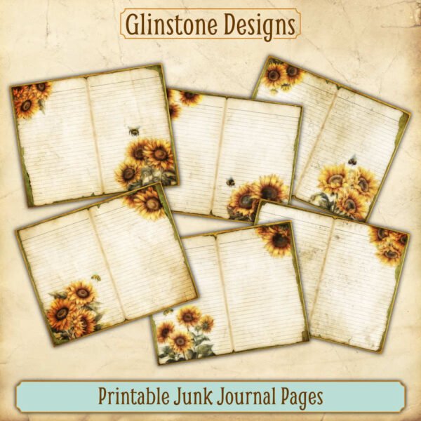 Six sunflowers and bees printable junk journal double pages