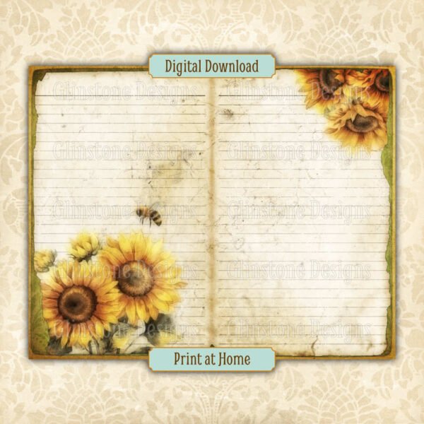 Sunflowers and bees junk journal double page