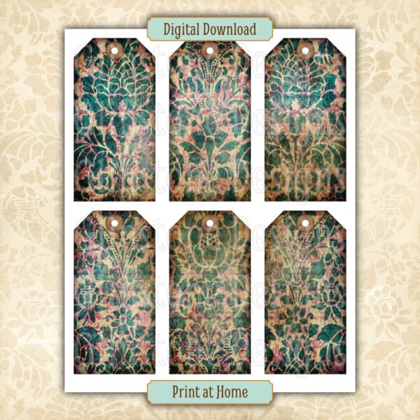 Six teal and pink damask gift tags on a page