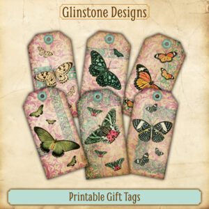 Six vintage butterflies on damask printable gift tags