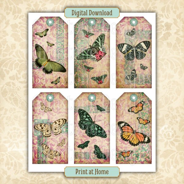 Six vintage butterflies on damask gift tags on a page