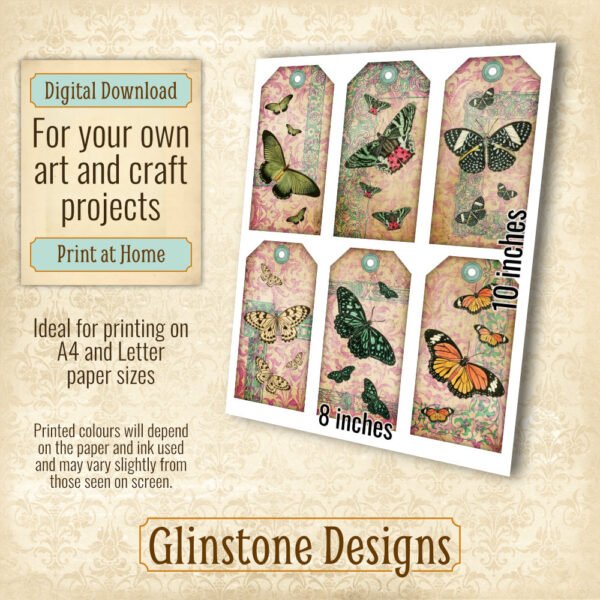 Six vintage butterflies on damask gift tags details