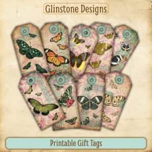 Nine vintage butterflies on damask printable gift tags