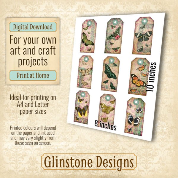 Nine vintage butterflies on damask gift tags details