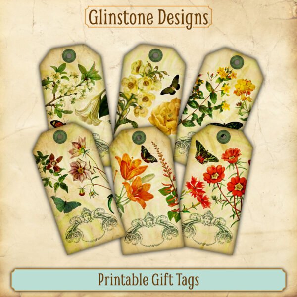 Six vintage butterflies and flowers printable gift tags