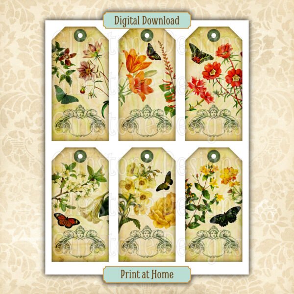 Six vintage butterflies and flowers gift tags on a page