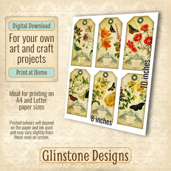 Six vintage butterflies and flowers gift tags details