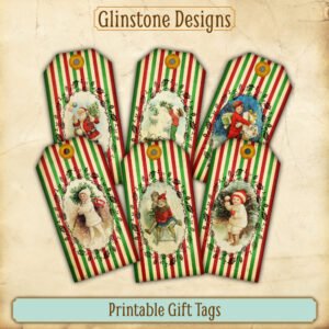 Six vintage candy stripe Christmas printable gift tags