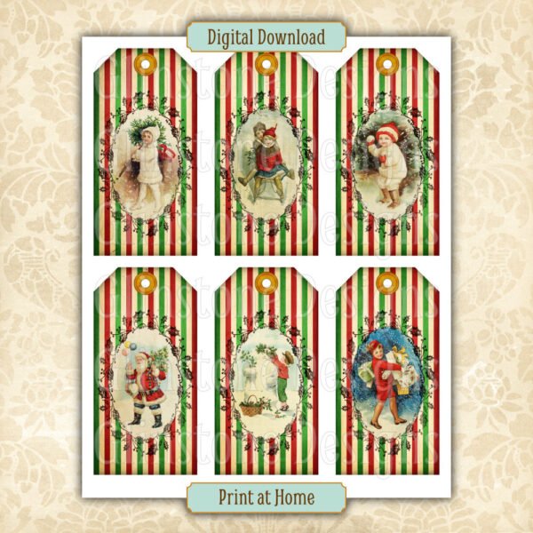 Six vintage candy stripe Christmas gift tags on a page