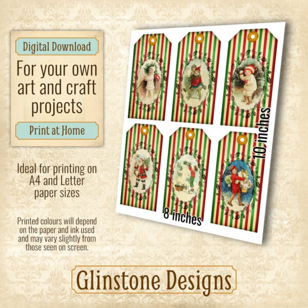 Six vintage candy stripe Christmas gift tags on a page details