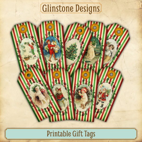 Nine vintage candy stripe Christmas printable gift tags