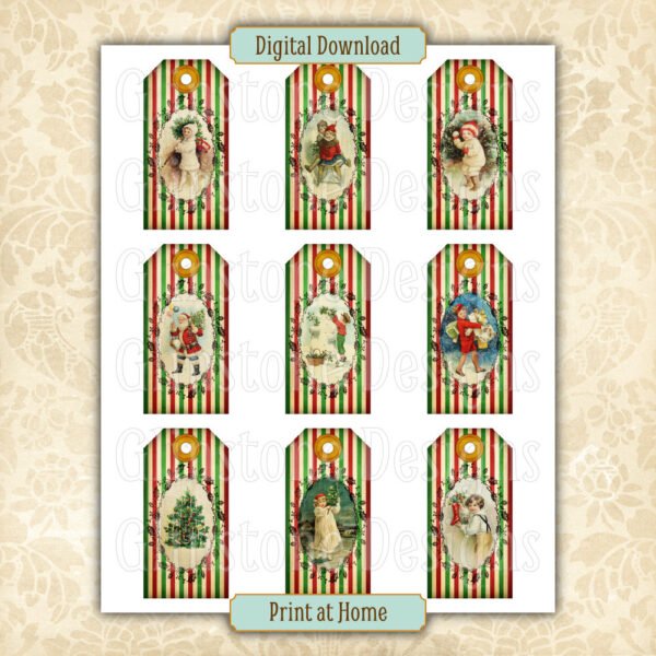 Nine vintage candy stripe Christmas gift tags on a page