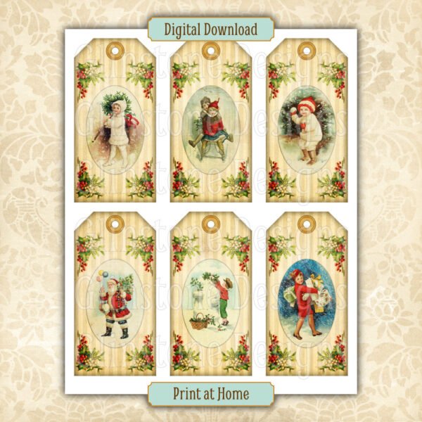 Six vintage Christmas gift tags on a page