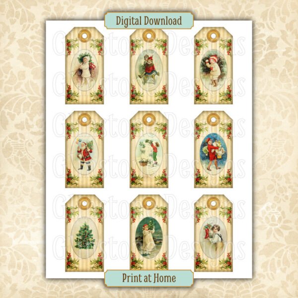 Nine vintage Christmas gift tags on a page