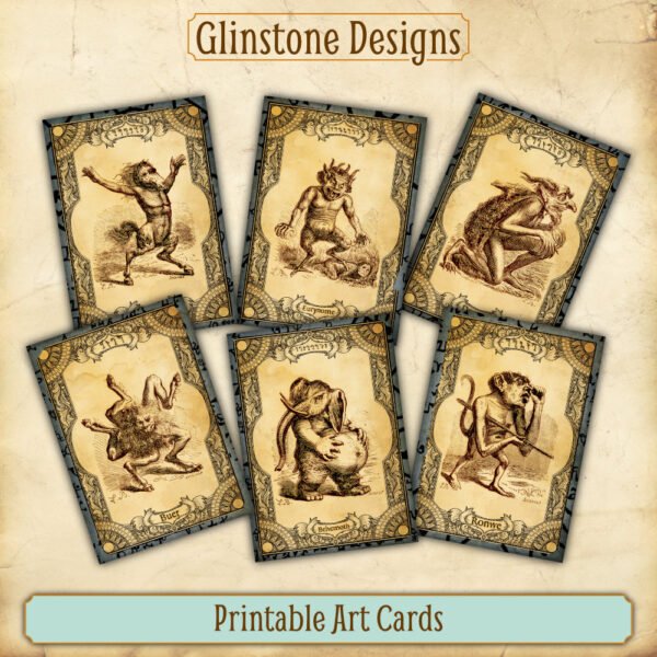 Six vintage demons printable art cards