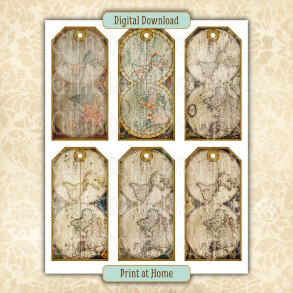 Six vintage maps gift tags on a page