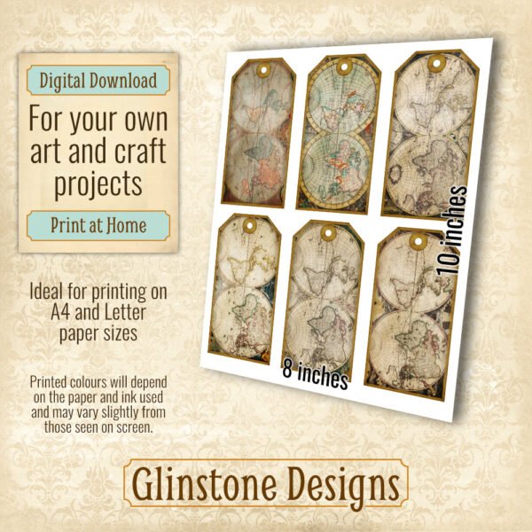 Six vintage maps gift tags details