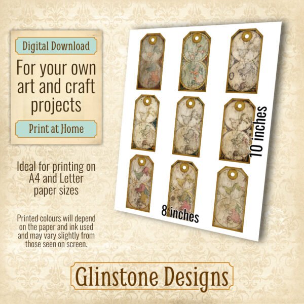 Nine vintage maps gift tags details