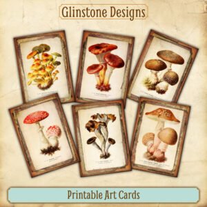 Six vintage mushrooms printable art cards